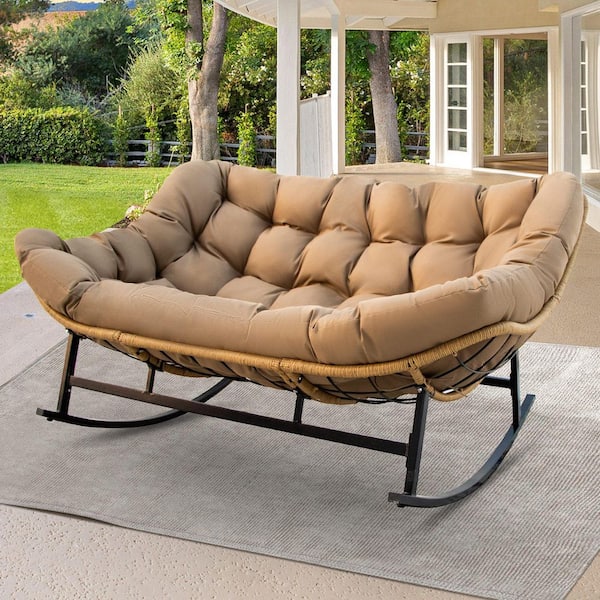 Wicker Outdoor Rocking Loveseat with Brown Cushions for Porch
