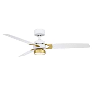 Amped 52 in. LED Indoor Matte White and Brass Ceiling Fan with Matte White Blades and Light Kit