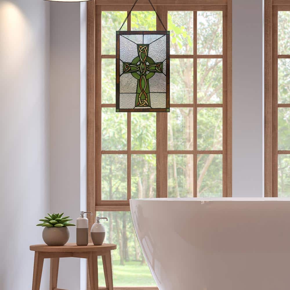 Green and Amber Stained Glass Celtic Cross Window Panel, 18" x 12"