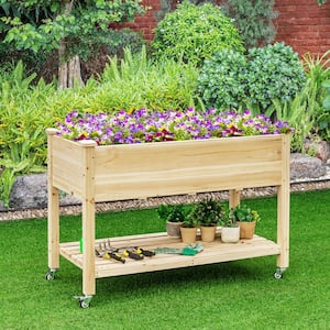Raised Garden Bed Wood Elevated Planter Bed with Lockable Wheels Shelf and Liner