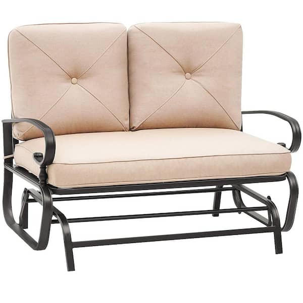 47 in. Black Metal Frame Outdoor Glider with Brown Cushion for 2-Person