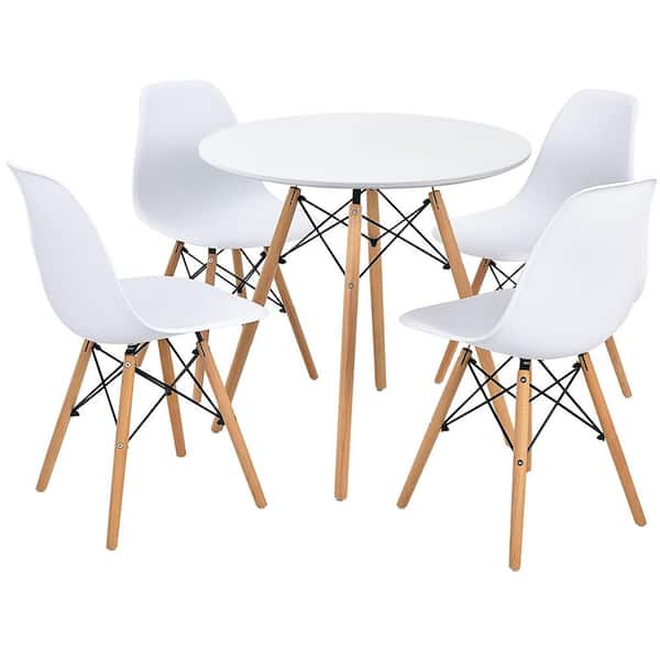 Costway White Dining Table Set Modern 5-Pieces For 4-Round Dining Room Table Set with Solid Wood Leg