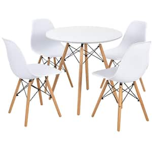 White Dining Table Set Modern 5-Pieces For 4-Round Dining Room Table Set with Solid Wood Leg