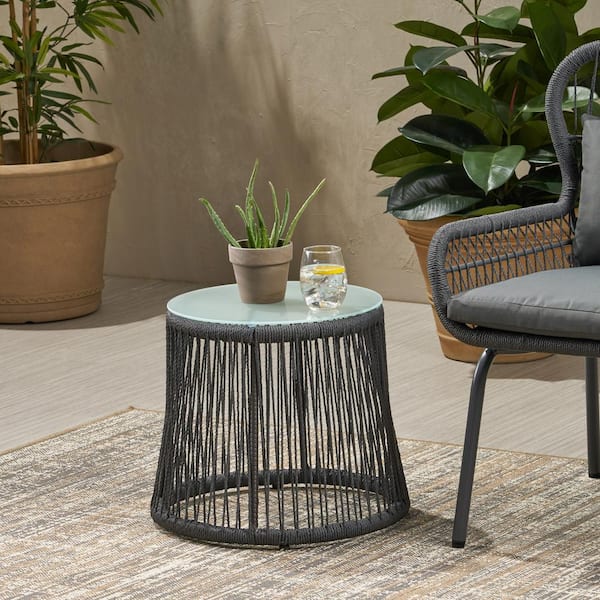 Runesay Gray Woven Rope Outdoor Dining Table Side Table