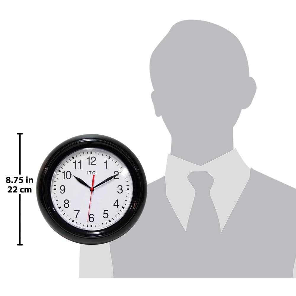 Black Round Plastic Wall Clock with Quartz Movement, 8.75 Inches