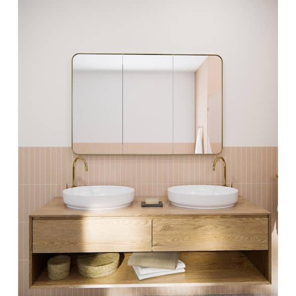 Calla 48 in. W x 32 in. H x 5 in. D Satin Brass Recessed Medicine Cabinet with Mirror