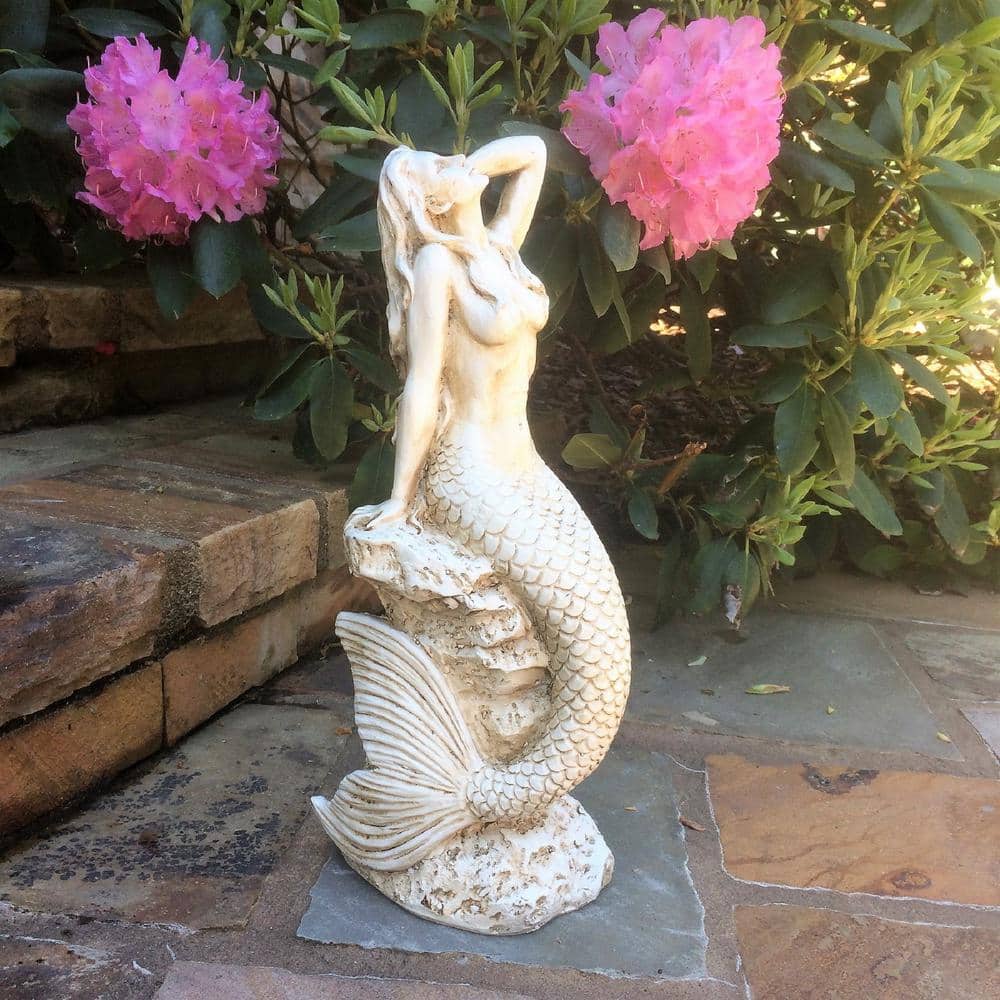 Antique White Mermaid Sitting on Coastal Rock Statue