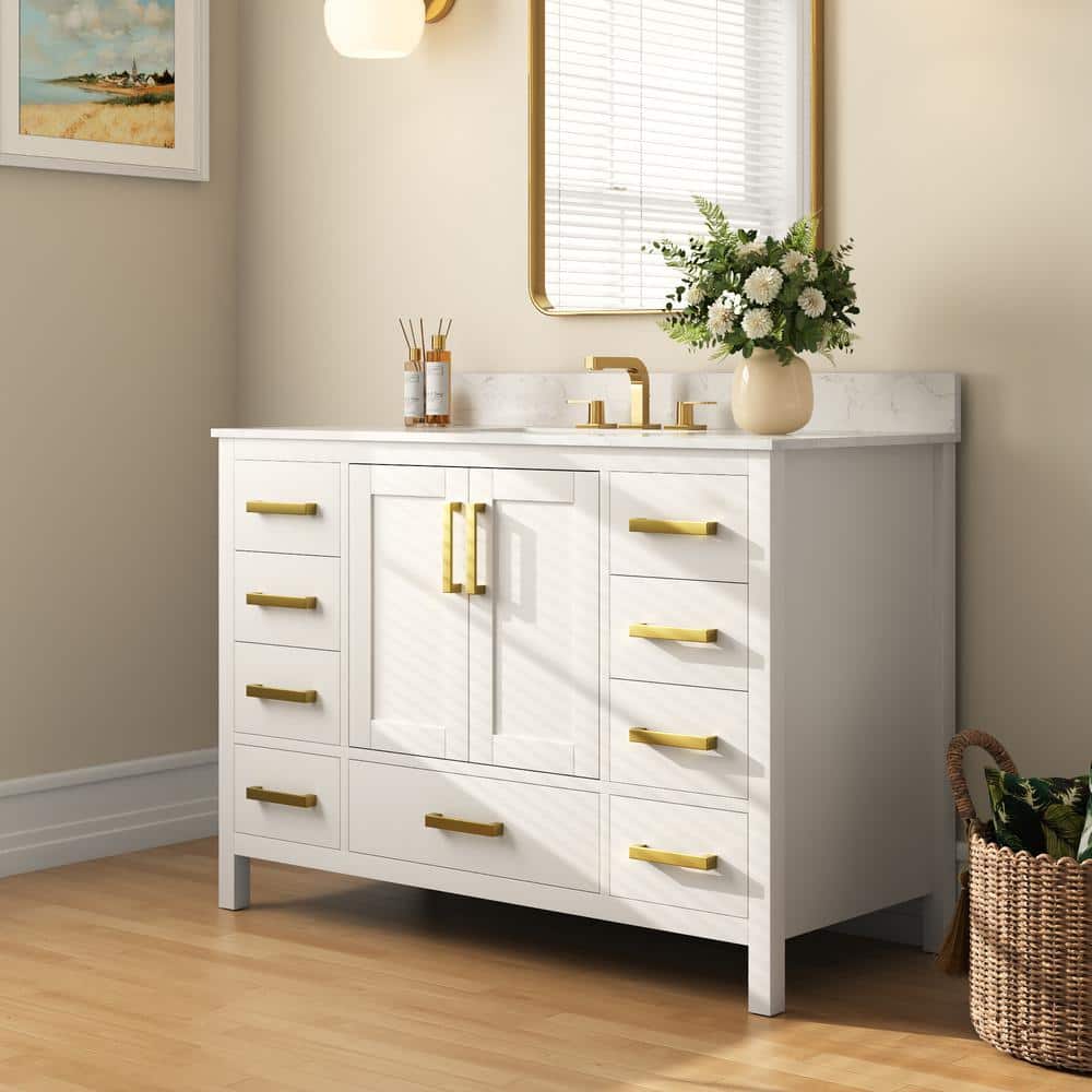 48'' White Bathroom Vanity with Ceramic Sink and Gold Hardware