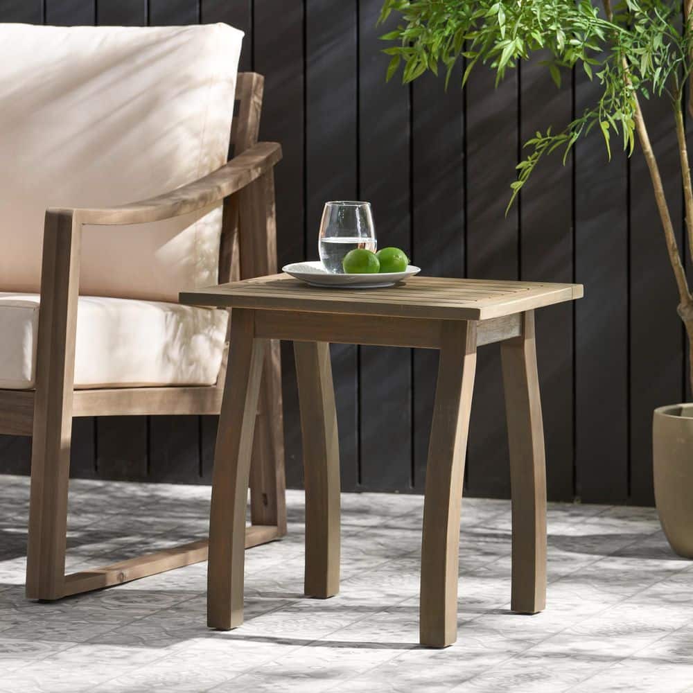 19 in. Outdoor Acacia Wood Side Table, Teak Finish Decorative Table Light B