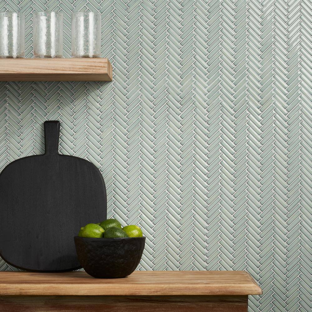 Mint Green Glossy Porcelain Herringbone Mosaic Tile 11.14 in. x 11.14 in.