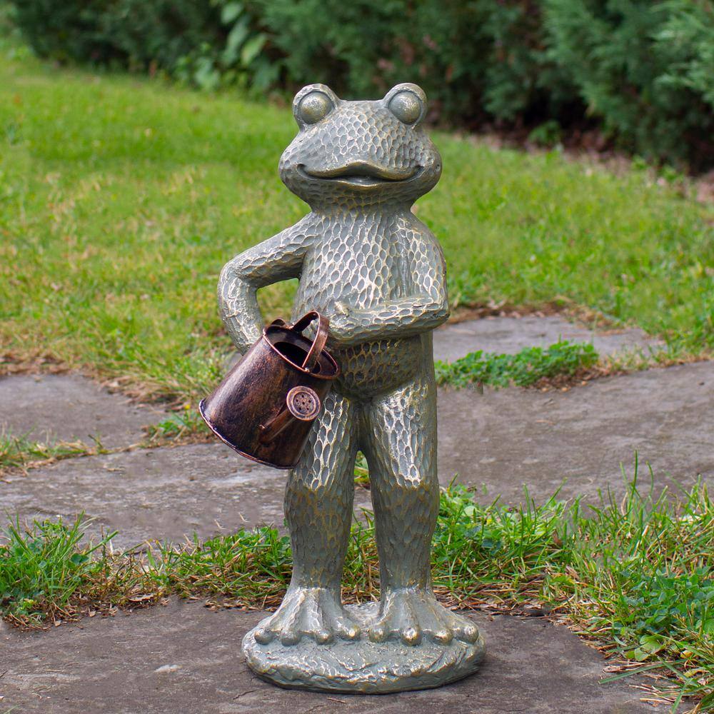 17" Gold Verdigris Frog with Watering Can Garden Statue