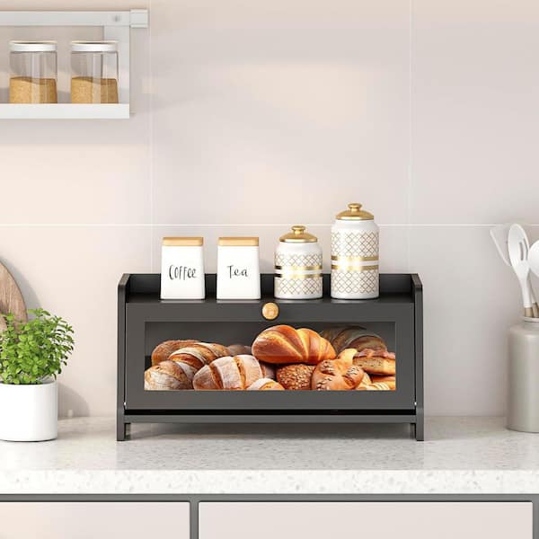 1 Piece Large Bamboo Bread Box with Window Farmhouse Style Food Storage Container for Kitchen Countertop Black