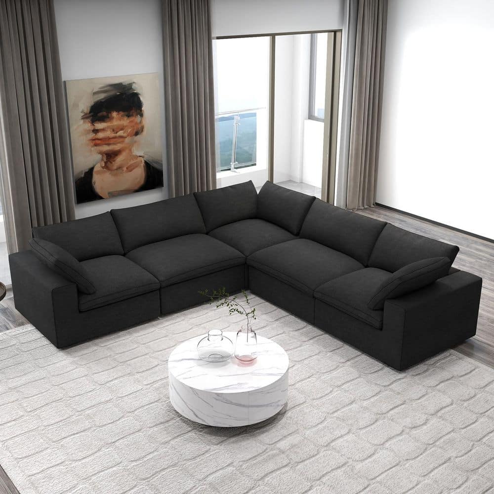 5-Piece Black Linen Modular Free Combination Sectional Sofa Living Room Set with Removable Covers
