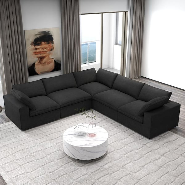 J&E Home 5-Piece Black Linen Modular Free Combination Sectional Sofa Living Room Set with Removable Covers