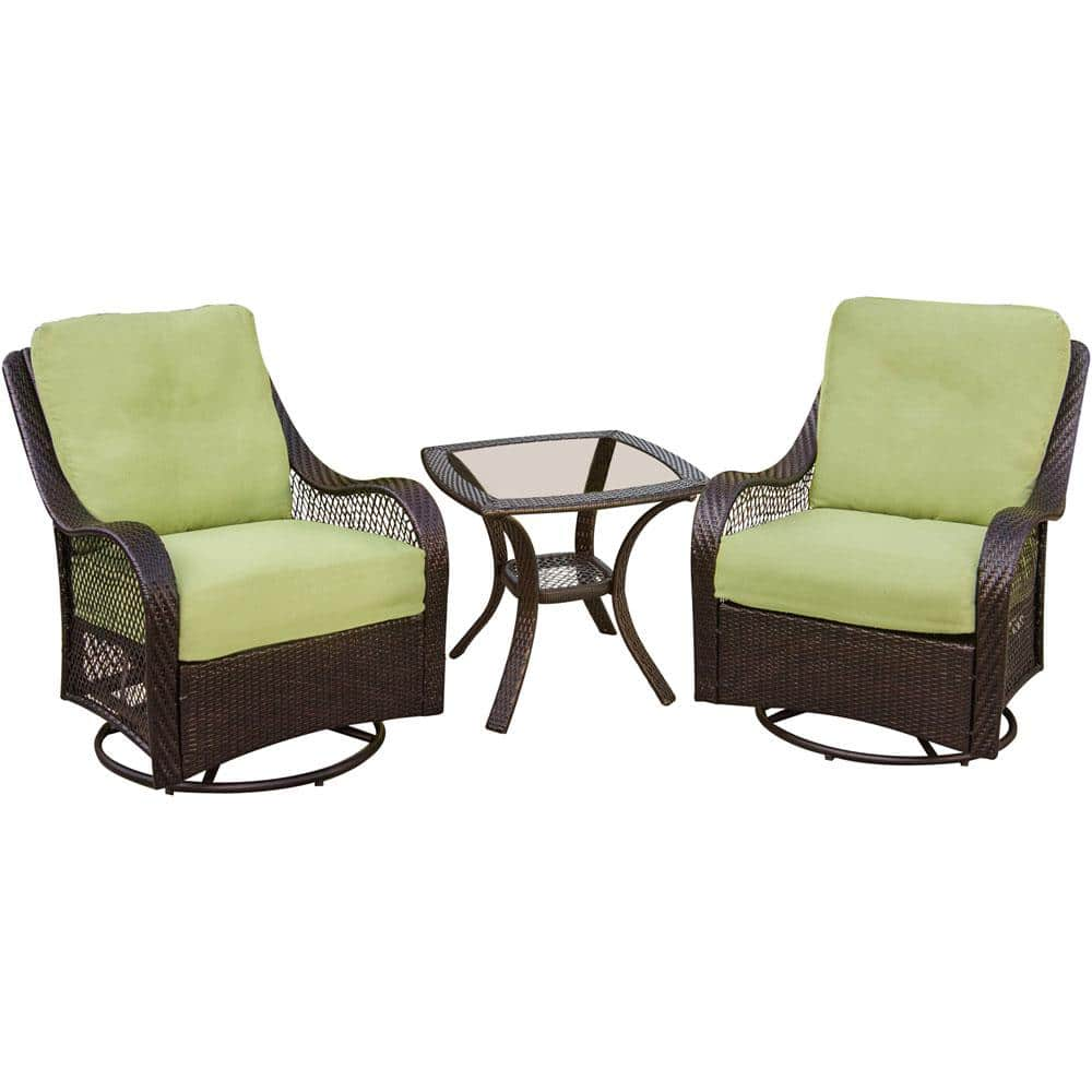 Orleans 3-Piece Patio Lounge Set with Avocado Green Cushions 2 Pillows and Glass Top Square Bistro -  Hanover, ORLEANS3PCSW