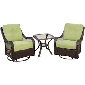 Orleans 3-Piece Patio Lounge Set with Avocado Green Cushions 2 Pillows and Glass Top Square Bistro