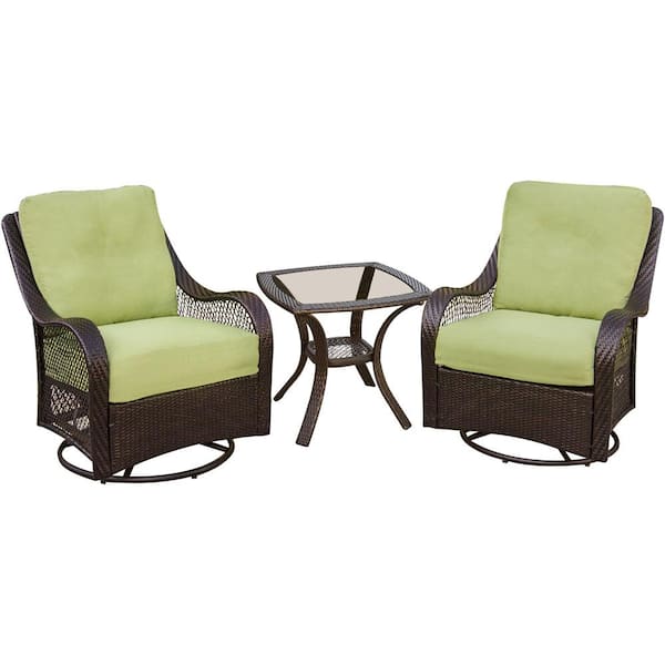 Hanover Orleans 3-Piece Patio Lounge Set with Avocado Green Cushions 2 Pillows and Glass Top Square Bistro