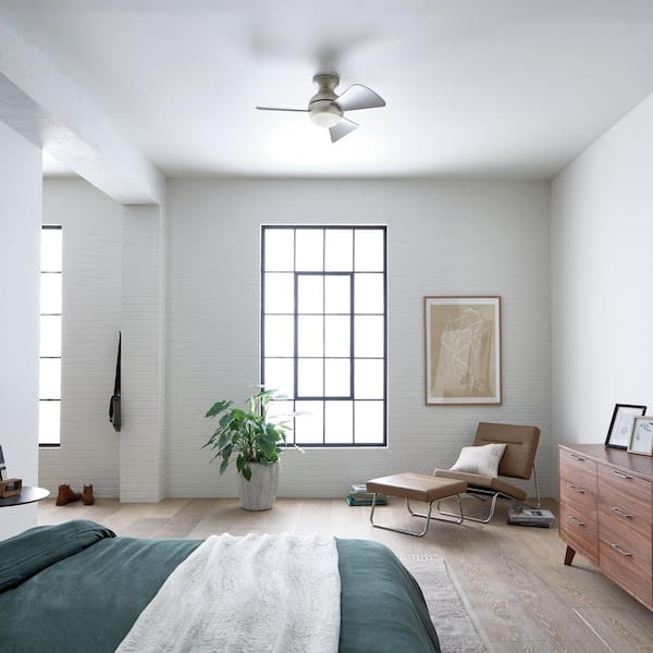 Sola 34 in. Indoor/Outdoor Brushed Nickel Low Profile Ceiling Fan with Integrated LED with Wall Control Included