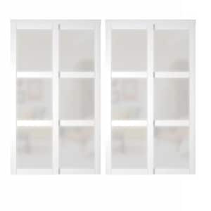 96in x 80in (Double 48" Doors) MDF, White Double Frosted 3 Panel Glass Sliding Door with All Hardware