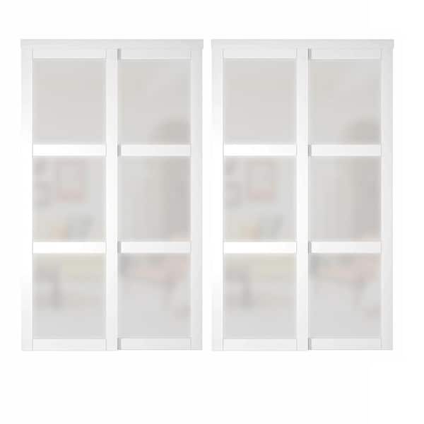 TENONER 96in x 80in (Double 48" Doors) MDF, White Double Frosted 3 Panel Glass Sliding Door with All Hardware