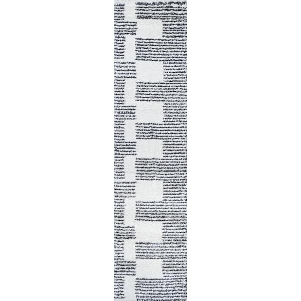 Petra White/Black 2 ft. x 10 ft. Abstract Stripe Geometric Shag Runner Rug