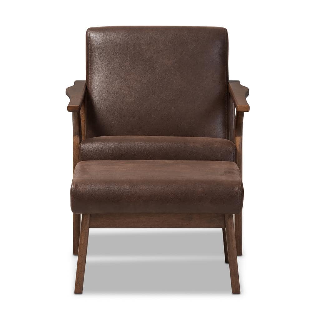 Bianca Mid-Century Walnut Wood and Faux Leather Lounge Chair Set