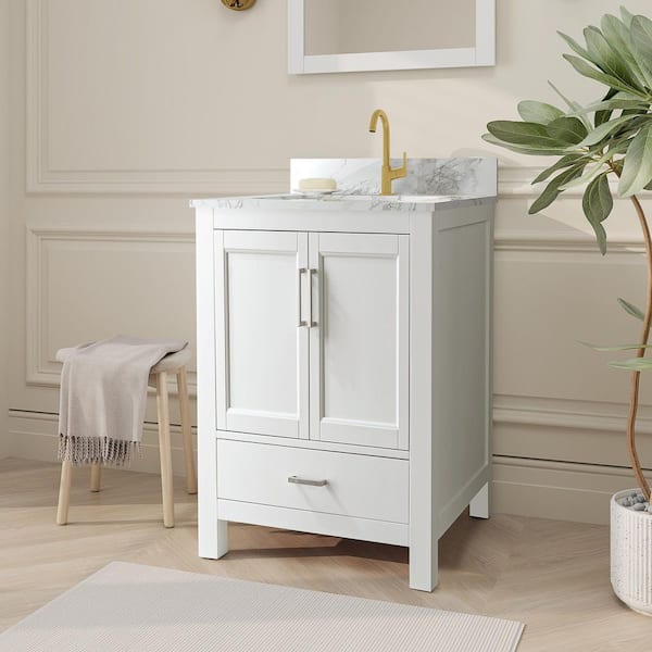 Thera 24 in. W x 22 in. D x 34 in. H Bath Vanity in White with Carrara Marble Top with Basin