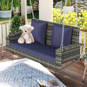 2-Person Gray Wicker Porch Swing with Blue Cushions, Chains and Pillows