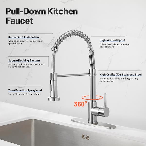 Single-Handle Pull Out Sprayer Coil Spring High-Arc Kitchen Faucet with Deckplate Sink Faucet in Brushed Nickel