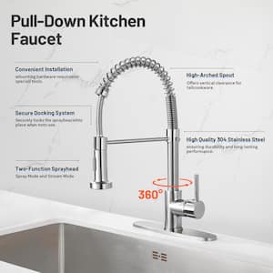 Single-Handle Pull Out Sprayer Coil Spring High-Arc Kitchen Faucet with Deckplate Sink Faucet in Brushed Nickel