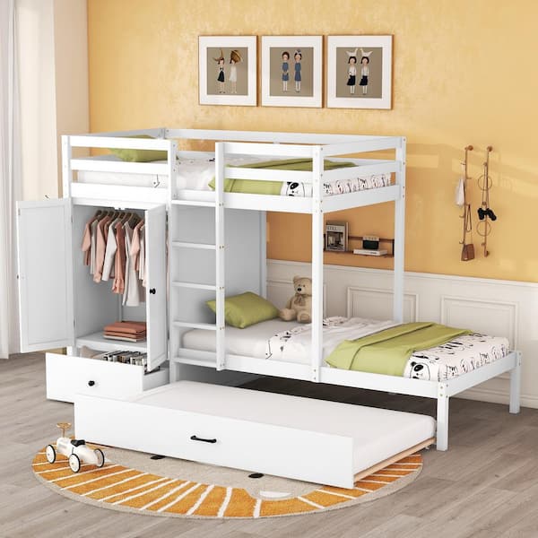 Polibi White Twin-Over-twin Bunk Bed with Wardrobe, Drawers and Shelves