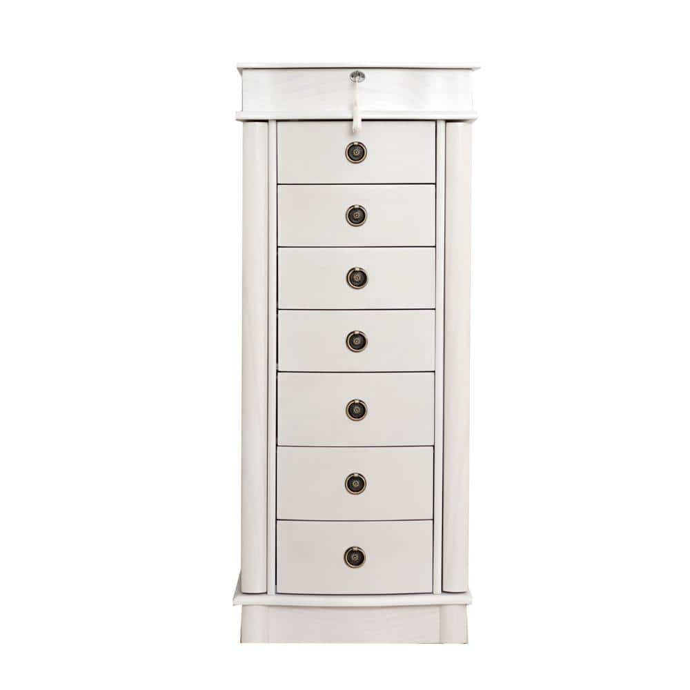Nora White Wood Locking 15.5 in. W Jewelry Armoire with 7 Drawers