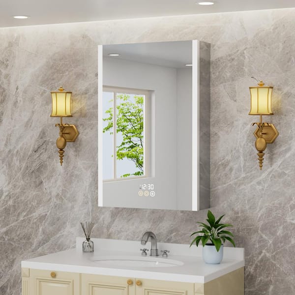 HBEZON Rina 16 in. W x 24 in. H Rectangular Aluminum Surface/Recessed Medicine Cabinet with Mirror, Dimmable, LED Clock