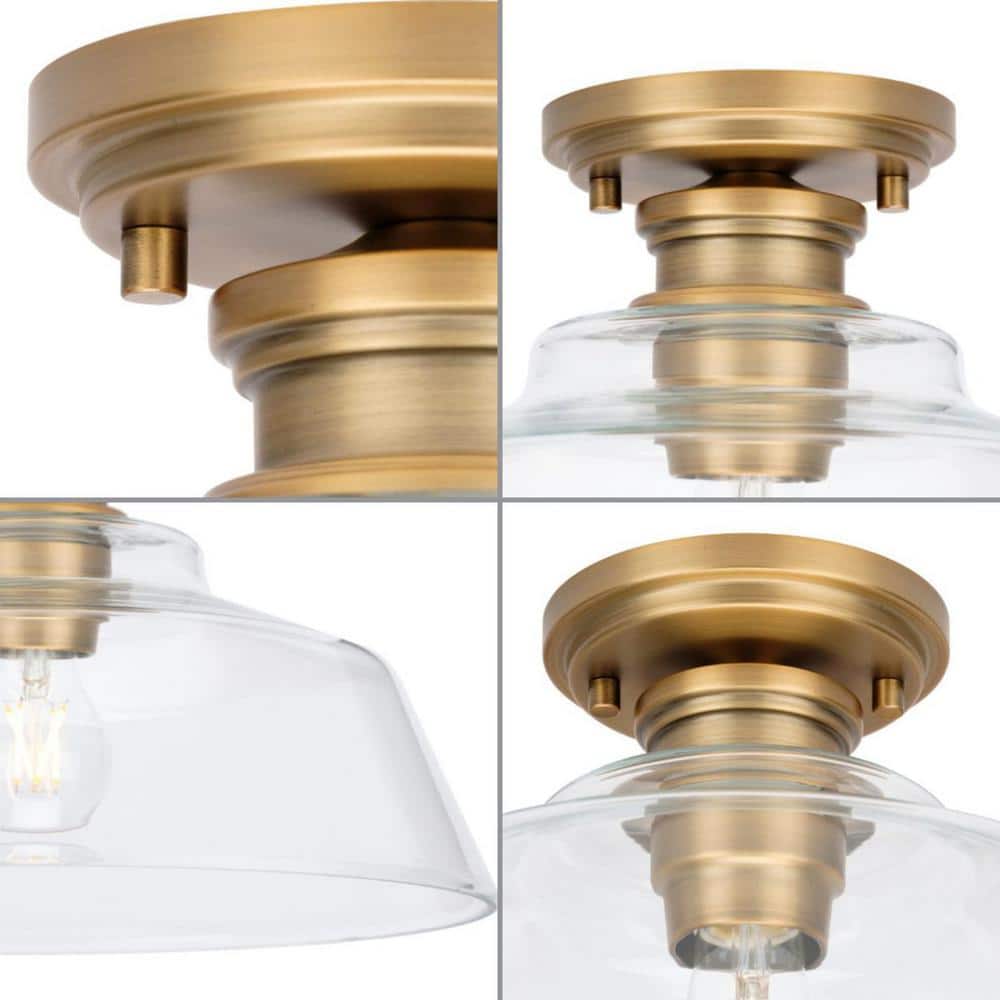 Vintage Brass and Clear Glass 14" Semi-Flush Mount Light