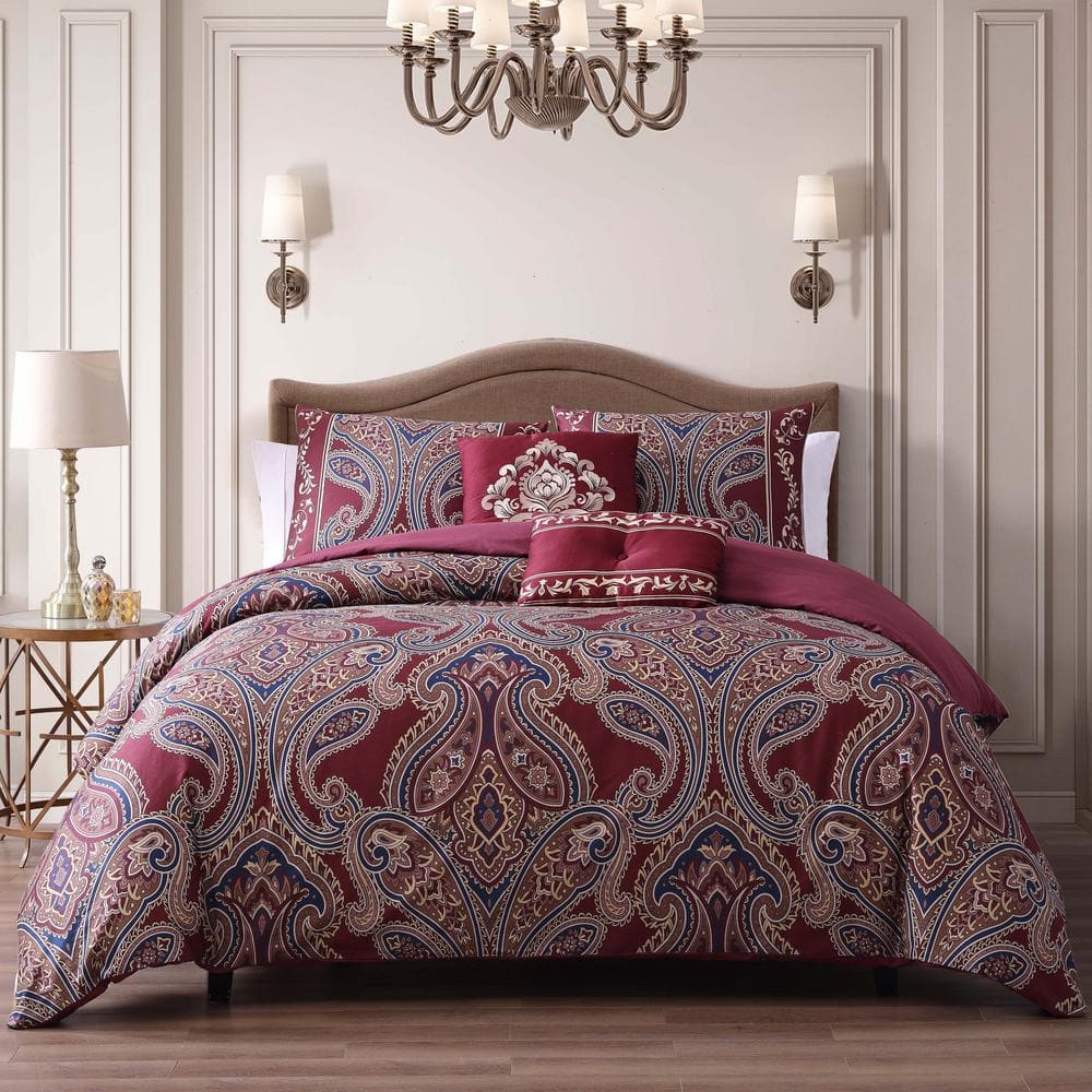 BEBEJAN Rossana Red 100% Cotton 230 Thread Count 5-Piece Reversible ...