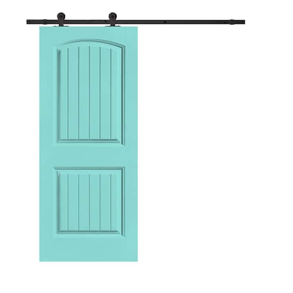 CALHOME Elegant Series 30 in. x 80 in. Mint Green Stained Composite MDF 2 Panel Camber Top Sliding Barn Door with Hardware Kit