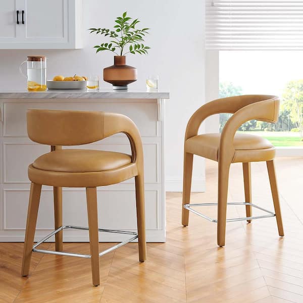Pinnacle 24.5 in.Tan Silver Rubber Wood Faux Leather Counter Stool (Set of 2)