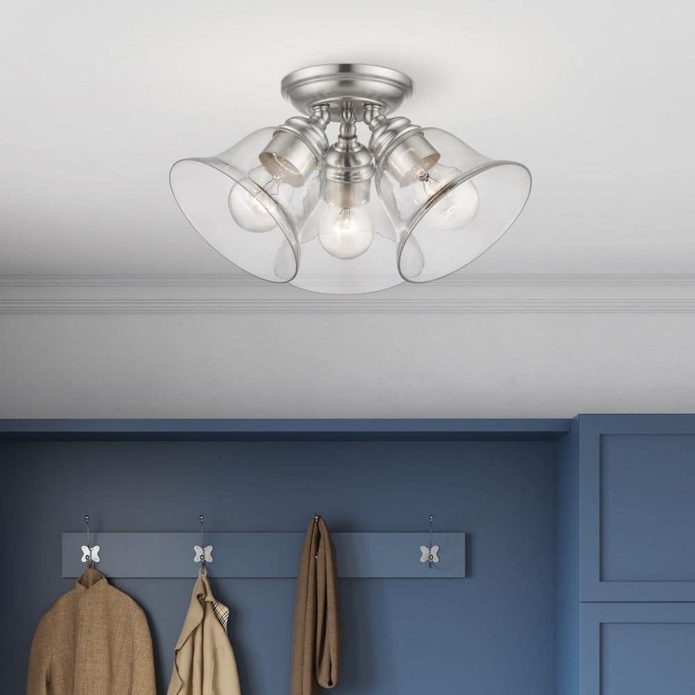 Transitional Brushed Nickel 3-Light Semi-Flush Mount with Clear Glass Shades