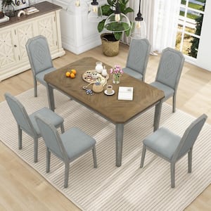 Classic Rustic 7-Piece Brown and Gray Rectangle MDF Top Dining Set Seats 6 with 6 High-back Design Chairs