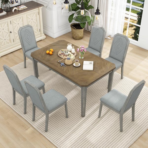 Harper & Bright Designs Classic Rustic 7-Piece Brown and Gray Rectangle MDF Top Dining Set Seats 6 with 6 High-back Design Chairs