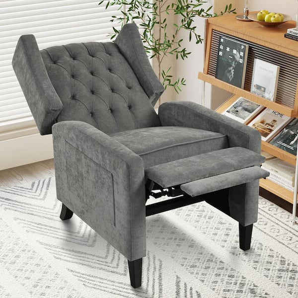 Noble House Esme Gray Polyester Manual Adjustable Wingback Recliner Chair with Foldable Side Table and USB Charge Port