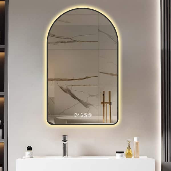 Unbranded 28 in. W x 48 in. H Black Framed Arched LED Bathroom Mirror Wall Mounted Vanity Mirror with Time and Temperature Display