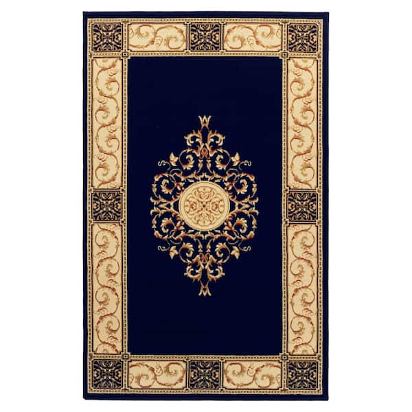 SUPERIOR Elegant-Medallion Midnight Blue 5 ft. x 8 ft. Border, Medallion, Scroll Polypropylene Area Rug