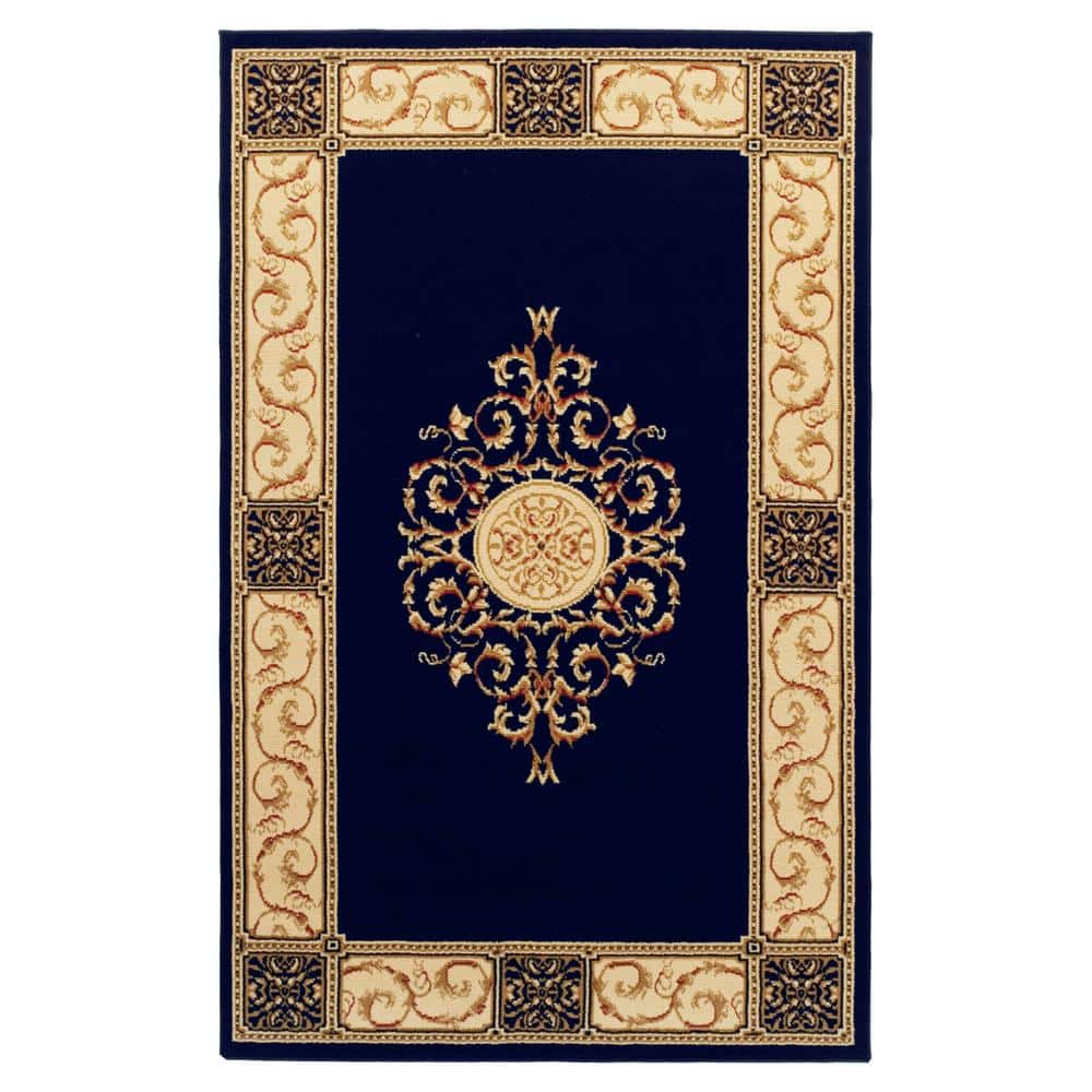 Midnight Blue Floral Medallion Synthetic Area Rug, 8' x 10'