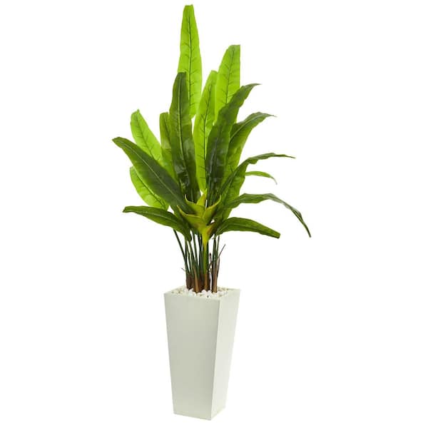 Nearly Natural Indoor 69-In. Travelers Palm Artificial Tree in White Tower Planter
