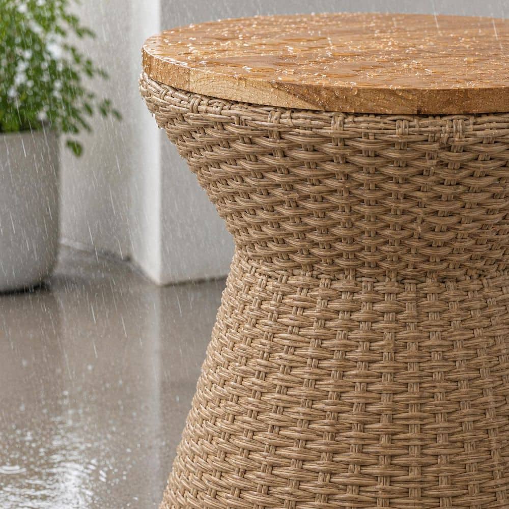 Close-up of woven wicker side table texture.