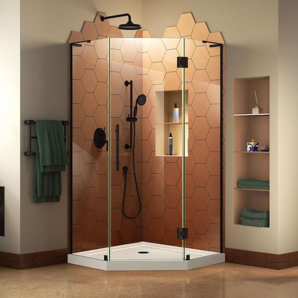 DreamLine Prism Plus 38 in. x 38 in. x 74.75 in. Semi-Frameless Neo-Angle Hinged Shower Enclosure in Matte Black with Shower Base