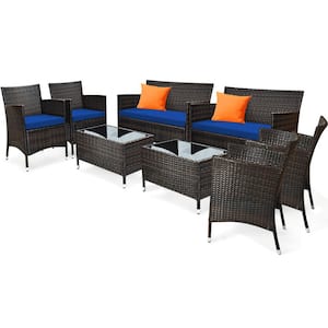 8-Pieces Patio Rattan Conversation Furniture Set Outdoor with Navy Cushion
