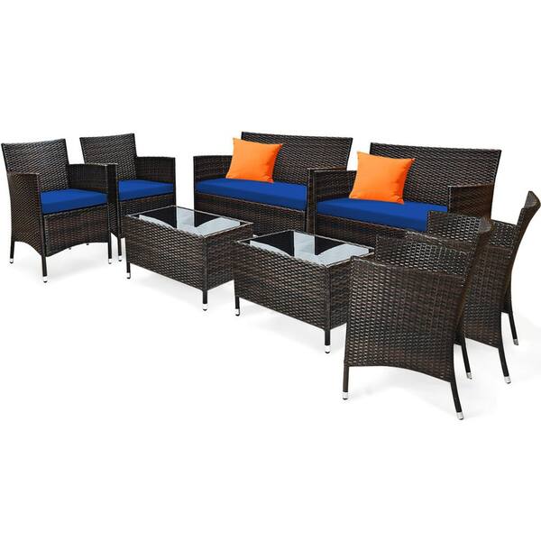 Gymax 8-Pieces Patio Rattan Conversation Furniture Set Outdoor with Navy Cushion