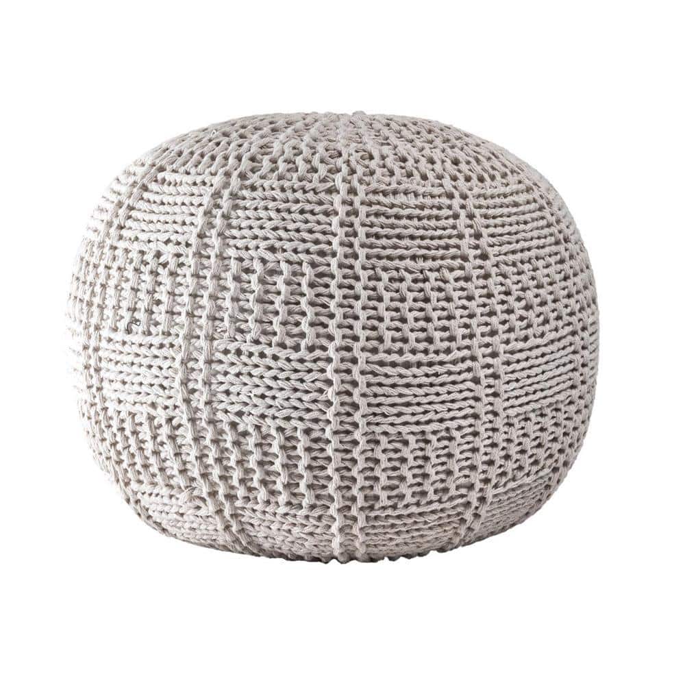 Casual Ivory Cotton Knitted 20'' Round Pouf Ottoman